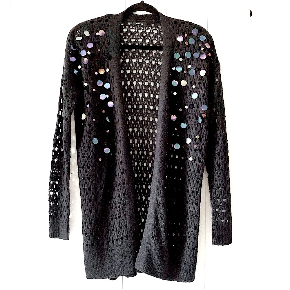 RW&CO Reflective Mirror Details Long Black Open Knit Cardigan Size XS